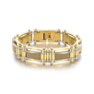 Mens stainless steel biker bracelet with mixed gold and silver mesh chain design