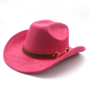 Close-up of pink felt cowboy hat featuring a brown leather band and gold metal buckle