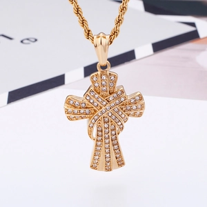 Hip hop gold plated stainless steel cross pendant necklace with sparkling diamonds