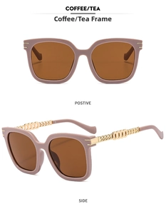 Detail of coffee square sunglasses with gold chain temples in front and side views