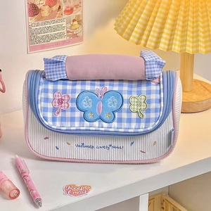 Cute blue checkered large capacity pencil case with butterfly embroidery and handle