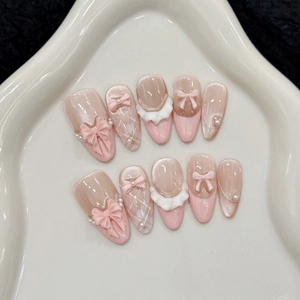 Faux Ongles À Presser Fait Main Œil De Chat Rose Nœud 3D Künstliche Perle Forme Amande Élégant Longs Ongles