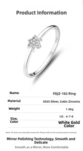 Macro detail of S925 sterling silver star ring with CZ stones and size specifications