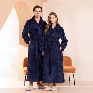 Accappatoio spesso in flanella blu navy con trama a nido d'ape e cintura per uomo e donna