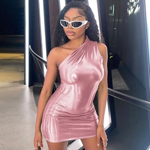 Chic hot pink metallic one-shoulder mini dress with a slim fit for party wear