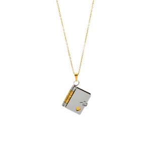 Minimalist gold and silver two-tone book-shaped locket necklace with hollow heart detail