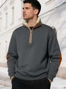 Mens dark grey half-zip sweatshirt featuring beige sherpa lining and brown elbow patches
