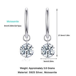 Minimalist S925 sterling silver moissanite drop earrings with 3ct stones in silver finish