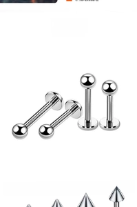 Detailed close-up of F136 titanium labret stud with ball and cone ends in silver finish