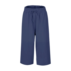 Detail view of high-waist linen-look trousers with elastic drawstring waistband in navy blue