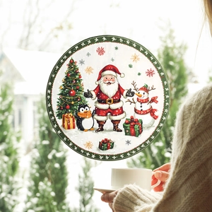 Cozy home window decorated with Santa Claus, snowman and Christmas tree static cling stickers