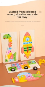 Detail of wooden 3D number puzzles featuring dinosaur, rocket, school bus, and airplane