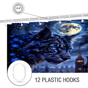 Shower curtain detail showing 12 plastic hooks and 0.4 inch metal reinforced eyelets