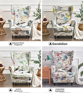Detailed view of four elastic wingback chair covers with diverse floral and nature patterns