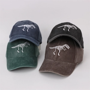 Washed cotton kids baseball caps featuring dinosaur bone embroidery in four assorted colors