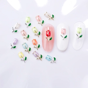 Tulip nail art charms in colorful alloy with resin petals for DIY manicure decoration