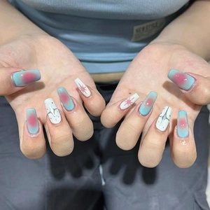 Long Coffin Press On Nails Gradient Blush Blue Pink Star Pattern Glossy False Nails For Women Reusable Manicure