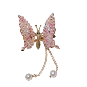 Pink crystal butterfly hair clip with gold fringe tassels and pearls for girls