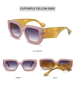 Three-angle view of oversized two-tone sunglasses in purple and marbled amber C6