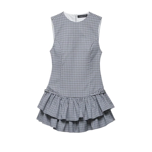 Sleeveless grey-blue plaid mini dress with tiered ruffle hem and round neckline