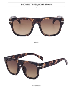 Front and 45-degree angle view of brown stripes oversized sunglasses with arrow detail