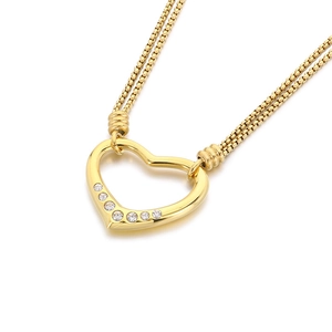 Minimalist gold heart necklace with sparkling crystals and elegant double chain links