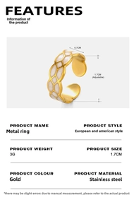 Detailed size specifications for a gold honeycomb ring with white enamel accents