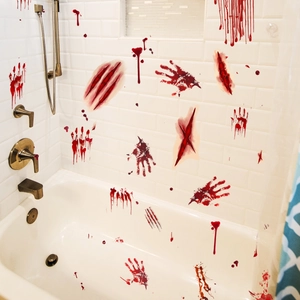 Bloody handprints and scratches wall stickers on white bathroom tiles for Halloween