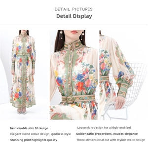 Detail view of retro stand collar and lantern sleeves on floral maxi dress