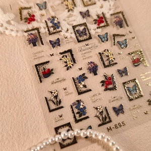 3D embossed nail art stickers with vintage oil painting butterflies and floral designs M-895