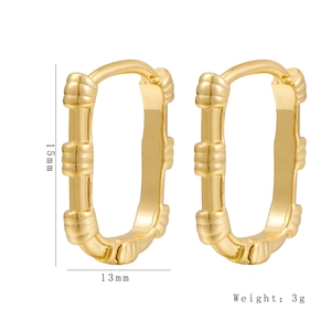 Detailed macro view of 15x13mm gold bamboo-textured geometric copper earrings weighing 3g