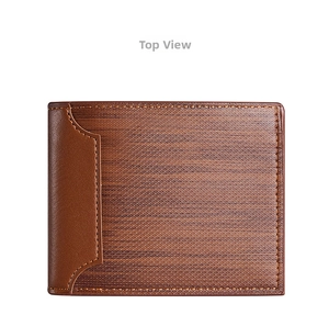 Close-up of brown faux leather wallet showing cross-grain texture and precision stitching