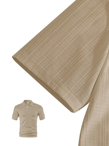 Detailed macro view of waffle knit texture and khaki short sleeve polo shirt for men