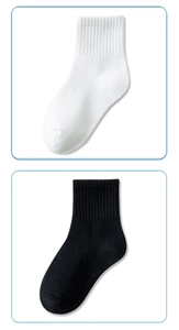 Detail view of cotton knit mid-calf socks shown in classic black and white colors