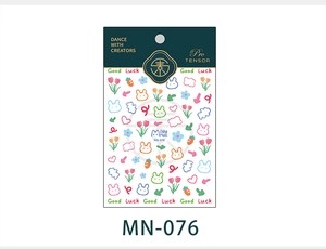 Detail of MN-076 nail stickers featuring cartoon rabbits, tulips, and colorful heart patterns