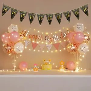 Sweet 16 birthday party decoration set with black gold banners and confetti balloons