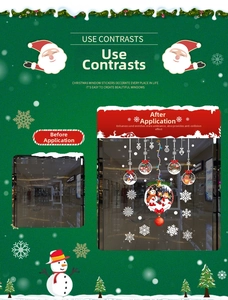 Before and after comparison of Christmas window stickers with snowmen and snowflakes