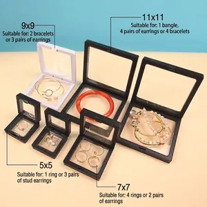 Floating PE film jewelry display boxes in multiple sizes and black and white frames