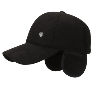 Winter men's black baseball cap with warm ear flaps and silver metallic shield logo