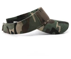 Side view detail of camouflage sun visor hat with adjustable velcro strap closure