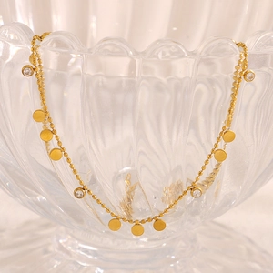 Collier Élégant En Acier Inoxydable Plaqué Or 18K Pour Femme Pendentif Disque Rond Zircon Chaîne À Billes Bijoux