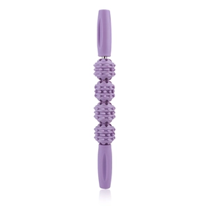 Détail du bâton de massage violet avec rouleaux rotatifs pour la relaxation musculaire
