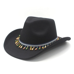 Ethnic wide brim fedora hat with geometric ribbon and colorful bead tassels