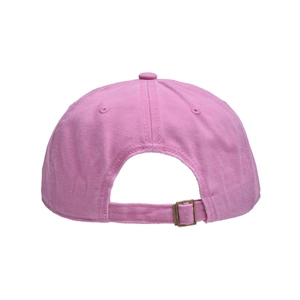 Rear view of pink washed cotton baseball cap featuring adjustable vintage metal buckle