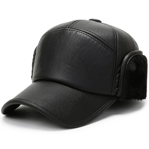 Winter men's flat top leather hat with fleece lining and ear flaps for cold weather protection