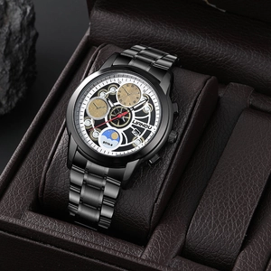 Men's quartz watch with black metal band, gold gears, and moon phase display in a box