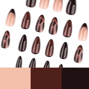 Brown tortoise shell almond press-on nails set with glossy french tip design