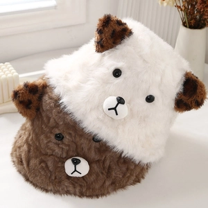 Cute Bear Ears Bucket Hat Faux Rabbit Fur Plush Winter Warm Windproof Leopard Print Animal Design Women
