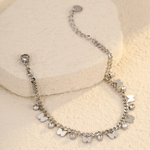 Elegant silver butterfly zircon bracelet with stainless steel tassel and extension chain