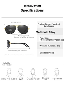 Detailed dimension chart for men's polarized photochromic alloy sunglasses and frame specs